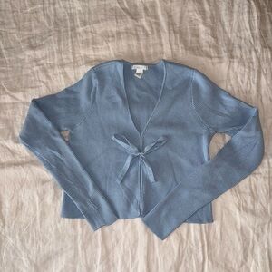 Full Tilt Light Blue V-Neck Sweater with Bow Accent
